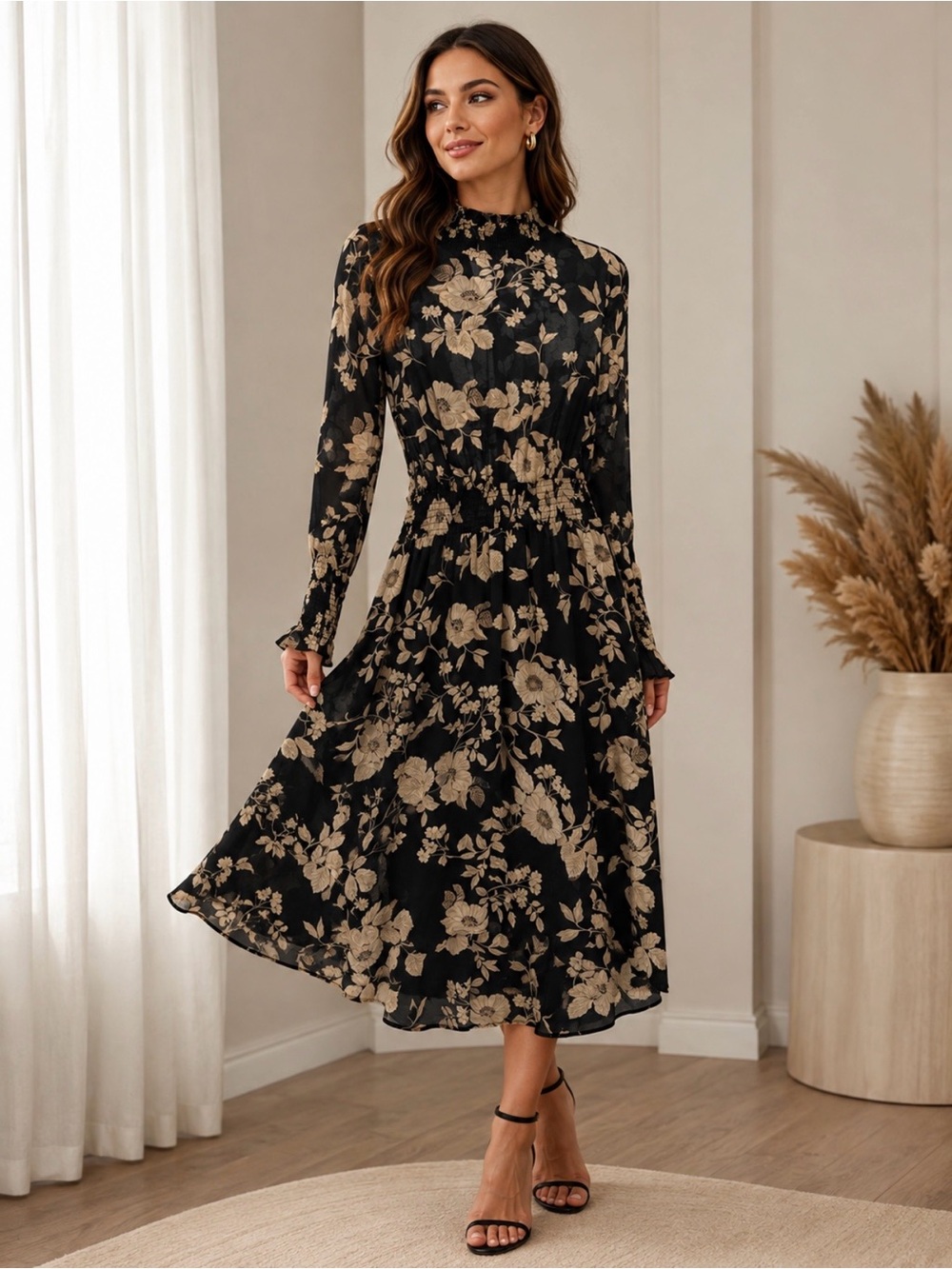 Black Floral Long Sleeve Midi Dress - Brand Unspecified